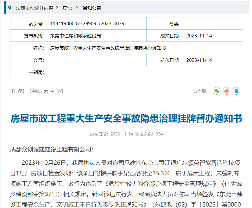 危大工程中未编制专项施工方案组织施工 成都众创诚建建设工程有限公司被挂牌督办(图1)