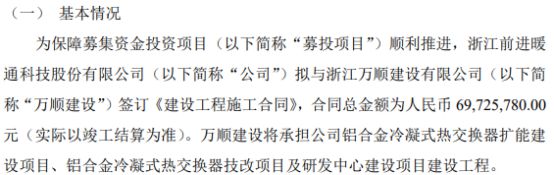 前进科技拟与万顺建设签订《建设工程施工合同》 合同总金额为697258万(图1)